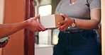 Delivery, phone and hands of people with box at door for shipping, online shopping and ecommerce order. Home, giving and person with courier sign on smartphone for parcel, digital receipt and service