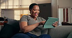 Tablet, scroll and laugh with black woman on sofa for ebook subscription, relax and contact. Digital library app, online blog and communication with person in living room of home for funny joke