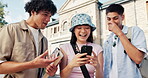 Students, phone and happy with friends in college for social media, admission results and contact. Academy, online university test scores and connection with people on campus for scholarship email
