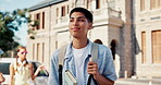 Walking, student and thinking with man outdoor for college opportunity, future and knowledge. University scholarship, vision and academy or school with person on campus for study and learning