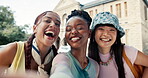 Student, selfie and portrait with friends outdoor for social media post, diversity or profile picture. University memory, photography and education with women on campus for study opportunity