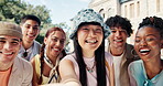 Happy, selfie and portrait with students outdoor for social media post, diversity or profile picture pov. University memory, photography and education with people on campus for study opportunity