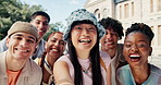Laugh, selfie and portrait with students outdoor for social media post, diversity or profile picture pov. University memory, photography and education with people on campus for study opportunity