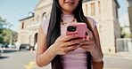 Hands, cellphone and woman in city, typing and message to contact, internet and travel. Social media, mobile user and person in street, smartphone and app for navigation and connection in urban town