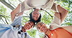 Outdoor, face or university student with friends for circle, education solidarity or teamwork for learning. Nature, below or happy men with support for college scholarship, huddle or collaboration