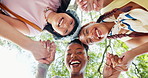 Outdoor, face or university student with smile for circle, education solidarity or teamwork for learning. Campus friends, below or women with support for college scholarship, laugh or holding hands