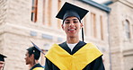 Face, student or man at university with graduation, diploma achievement or higher education milestone. Person, happy or pride at college outdoor with degree success, celebration or skill development.