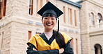 Face, student or woman at university with graduation, arms crossed and higher education achievement. Confident, person and smile at college outdoor with degree success, celebration or accomplishment.