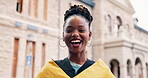 Face, student or black woman at college with graduation, higher education milestone and achievement. Happy, person and pride at university outdoor with degree success, celebration and accomplishment.