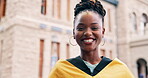 Face, student or black woman at university with graduation, higher education milestone and achievement. Happy, person and pride at college outdoor with degree success, celebration and accomplishment.