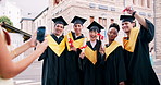Graduation, scroll or students with photography on campus, university milestone or celebration memory. Picture, tech or people smile for academic success, education development or degree achievement
