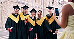 Graduation, people or students with photography on campus, university milestone or celebration memory. Picture, tech or friends smile for academic success, education development or degree achievement