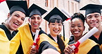 Face, student and selfie at college with graduation, diploma achievement and education celebration. Happy, people and friends at university outdoor with scroll, degree success and photo for memories.