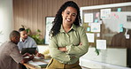 Laugh, crossed arms and face of businesswoman in office with confidence for finance career growth. Smile, professional and portrait of financial advisor with pride for company about us in workplace.