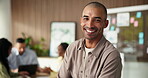 Creative, face and man in boardroom, laugh and confident for career development with marketing team. Advertising, brand specialist and person with smile for campaign strategy, meeting and leadership