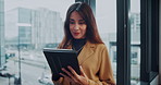 Woman, tablet and smile with typing at office with report, notes or checklist at media company. Mature person, journalist and tech with app, scroll and notification for feedback at creative agency