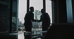 Business, introduction or men in agency with handshake, collaboration or meeting for b2b deal. Silhouette, greeting or employees in office with shaking hands, agreement or opportunity for partnership