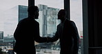 Business, introduction or men in office with handshake, collaboration or meeting for b2b deal. Networking, greeting or employees in agency with shaking hands, agreement or opportunity for partnership