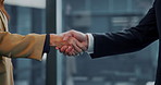 Business, introduction or hands in office with handshake, collaboration or meeting for b2b deal. Networking, people or employees in agency with greeting, agreement or opportunity for partnership.