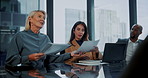 Team, business people and hand out document for strategy agenda, talk or investment meeting. Giving paperwork, planning and conversation with group in company for financial budget, proposal or report