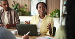 Creative, laptop and woman with business people in meeting for ad campaign, planning and project. Teamwork, talking and workers with research statistics for marketing report, website traffic and info