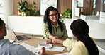 Handshake, meeting and business people in office with deal, agreement or finance partnership. Greeting, discussion and financial manager shaking hands with client for investment contract in workplace