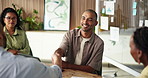 Handshake, meeting and business people in office with partnership, agreement or finance deal. Greeting, discussion and financial manager shaking hands with client for investment contract in workplace
