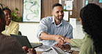 Shaking hands, meeting and business people in office with deal, agreement or finance partnership. Greeting, discussion and financial manager with client for investment contract handshake in workplace