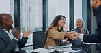Applause, shaking hands and well done with business people in office together for corporate success. B2B, handshake and congratulations with employees clapping in workplace boardroom for promotion