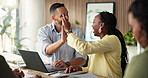Finance, high five or people in office with laptop, celebration or approval of investment proposal. Collaboration, success or analyst with tech, revenue growth or achievement in funding opportunity.