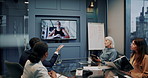 Business, people and television screen with webinar, discussion and video conference questions in office. Team, virtual meeting and talk in workplace with tech for strategy, collaboration and advice.