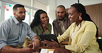 Tablet, manager or staff with feedback meeting, campaign proposal or review budget for optimization. Mentoring, tech or people talking for project evaluation in office, teamwork or improvement tips