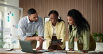 Creative, people and tablet in office with laptop, data analysis and performance marketing discussion. Team, talk or strategy in workplace with tech, stats report and graphs for advertising insights.