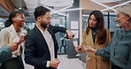 Businessman, team and happy with champagne at office for celebration, goals and support at finance agency, People, investor and group with bottle, alcohol or sparkling wine for achievement at company