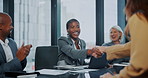 Applause, congratulations and handshake with business people in office together for corporate success. B2B, clapping and well done with employees shaking hands in workplace boardroom for promotion