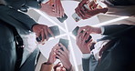Business people, hands or circle with phone for network, data sync or sharing app below in office. Low angle, group or employees with mobile smartphone, connection or huddle for social media platform