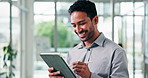 Man, happy and stylus with tablet at office with report, notes or notification at insurance company. Person, broker and smile with tech, application and writing with review at risk management agency