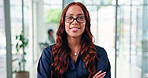 Arms crossed, face and smile of business woman in office for accounting or finance career. About us, development and walking with happy employee person in financial workplace for wealth management