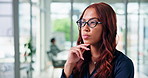Thinking, business and woman with ideas in office for vision, real estate and property plan. Serious, female realtor and reflection with glasses, listing solution and auction opportunity of expansion
