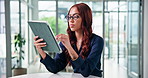 Woman, writing and stylus with tablet at office with report, notes or notification at insurance company. Person, broker and glasses with tech, application or pen with review at risk management agency