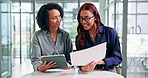 Paperwork, tablet or women with discussion in office, financial planning or market research comparison. Smile, forecast trends or economic analyst with manager for teamwork, investment advice or tech