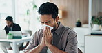 Sick, man and blowing nose in office with tissue, congestion and sinus infection at marketing agency. Coworking, person and allergy in advertising company with toilet paper, virus symptoms and germs.