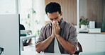 Man, computer and blowing nose in office with tissue, flu and sinus infection at marketing agency. Coworking, sick person and wipe face with toilet paper, virus symptoms and desktop for advertising.