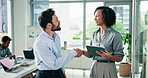 Handshake, meeting and tablet with business people in office boardroom for agreement or deal. App, collaboration and thank you with employee team shaking hands in workplace for goals or target