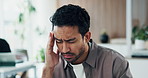 Tired, man and headache in office with stress, marketing challenge and fatigue from creative burnout. Coworking, exhausted person and migraine in advertising agency with mistake, problem and crisis.