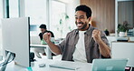 Victory, fist pump or man in newsroom with computer, viral article or story promotion for magazine. Achievement, coworking or journalist with tech, career milestone or editorial success in agency.