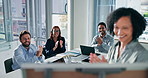 Audience, applause and woman with board, meeting and collaboration for financial growth and success. Clapping, speaker and people with smile for investment proposal and celebration for achievement
