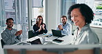 Team, applause and people with tech, presentation and collaboration for financial growth and success. Clapping, speaker and group with smile for investment proposal and celebration for achievement