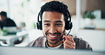 Computer, smile and man in call center for technical support, laugh and customer service. Desktop, person and virtual consultant with headset for IT feedback, funny joke or talking for help desk
