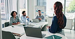 Woman, team and raised hand for presentation in office with laptop, feedback or insight at finance company. Person, speaker and group with gesture, questions or review with pitch at investment agency